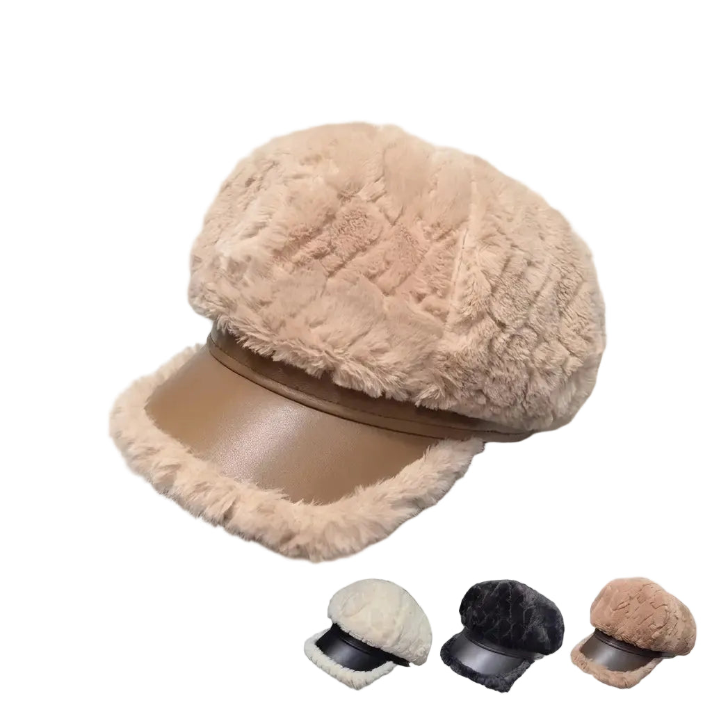 Laurent Women Plush Leather 6-Panels Newsboy Cap