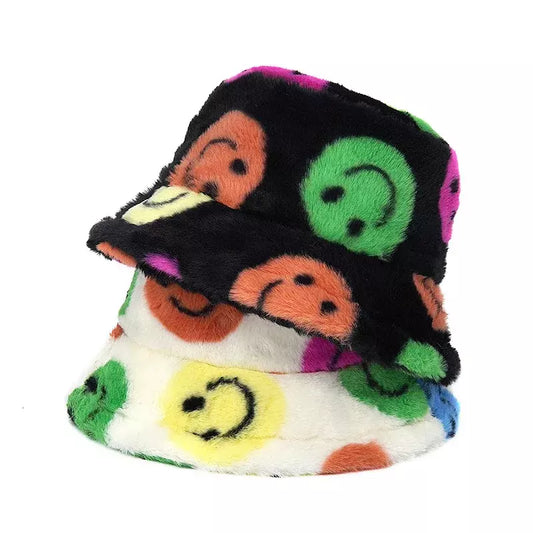 Smiling Multicolor Fur Bucket Hat