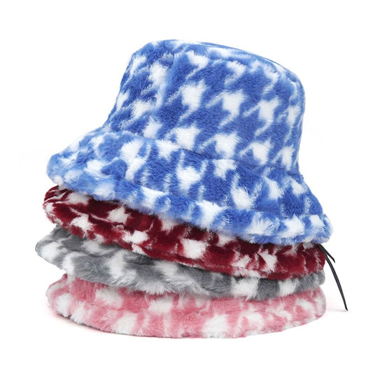 Houndstooth Fur Bucket Hat