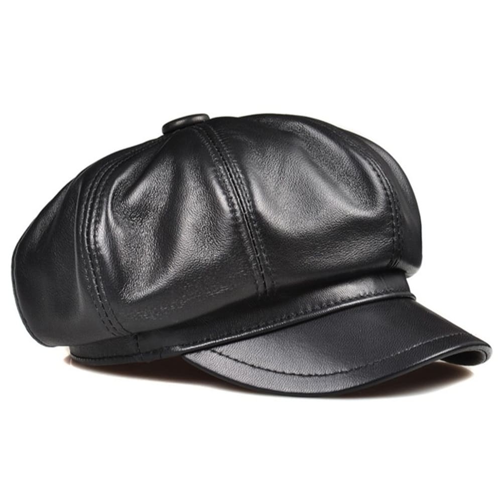 La Spezia Black Genuine Leather Newsboy Cap