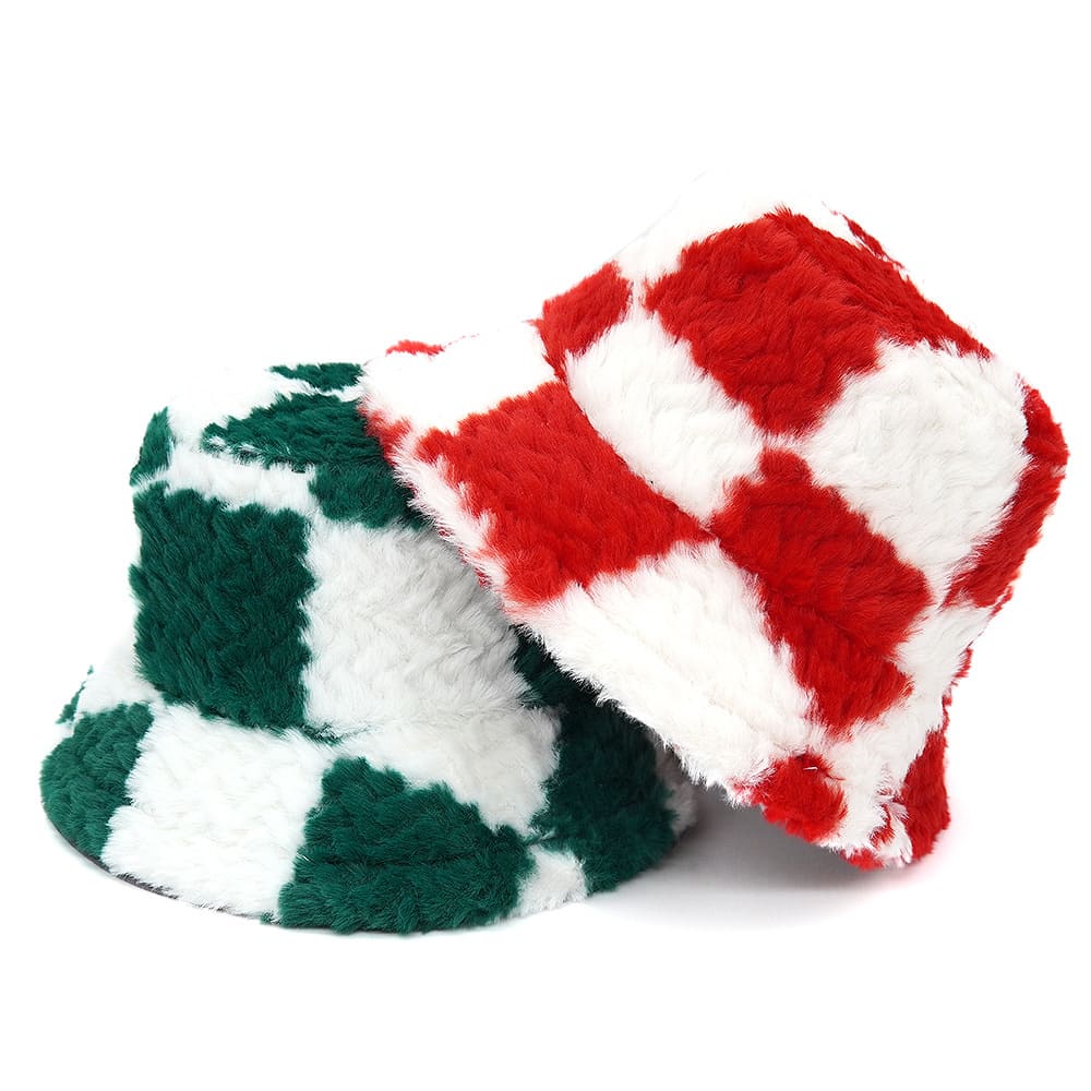 Plaid Print Fur Bucket Hat