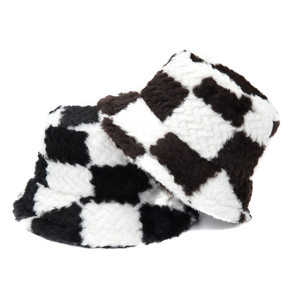 Plaid Print Fur Bucket Hat